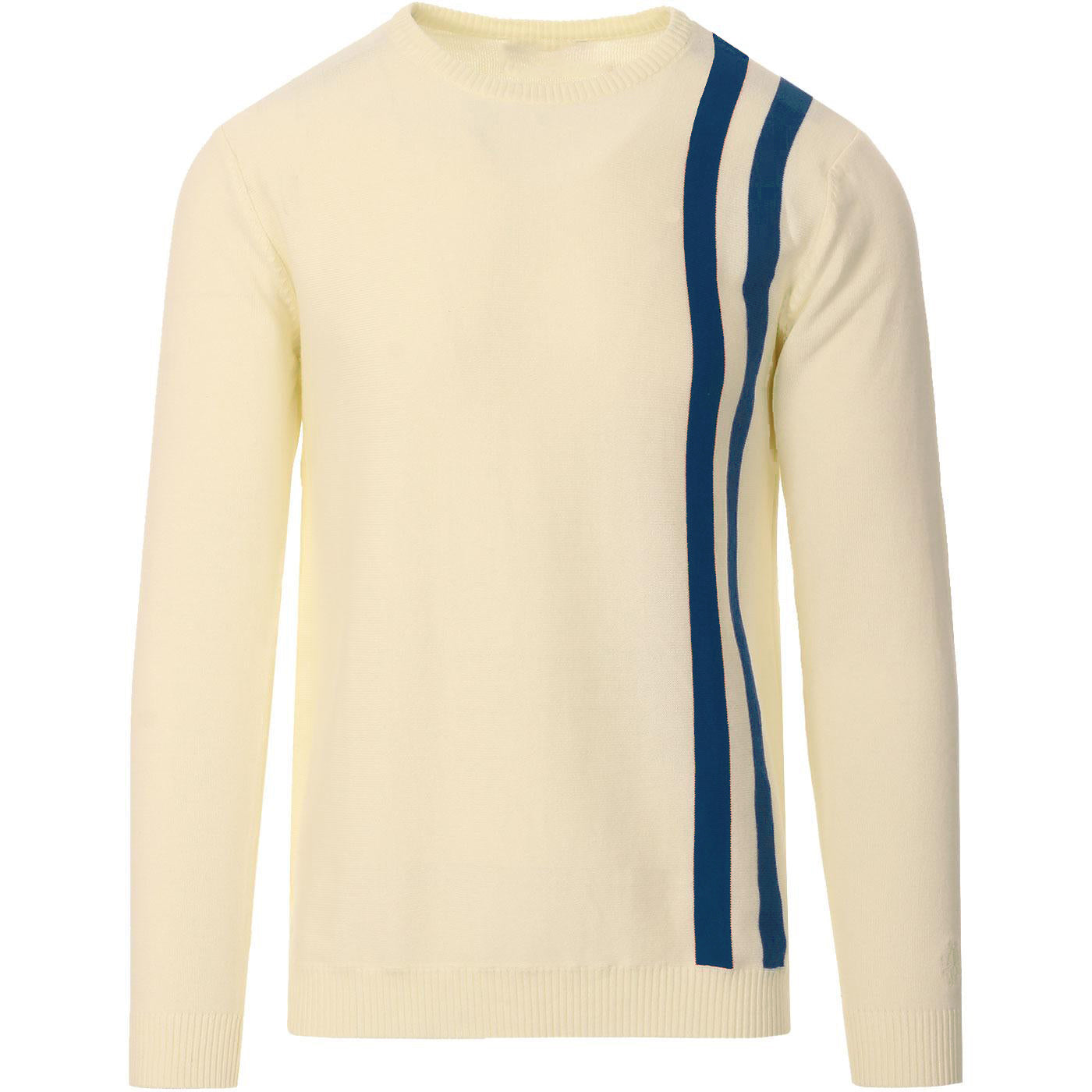 Men's Ecru Knitted T-Shirt With Double Blue Racing Stripe