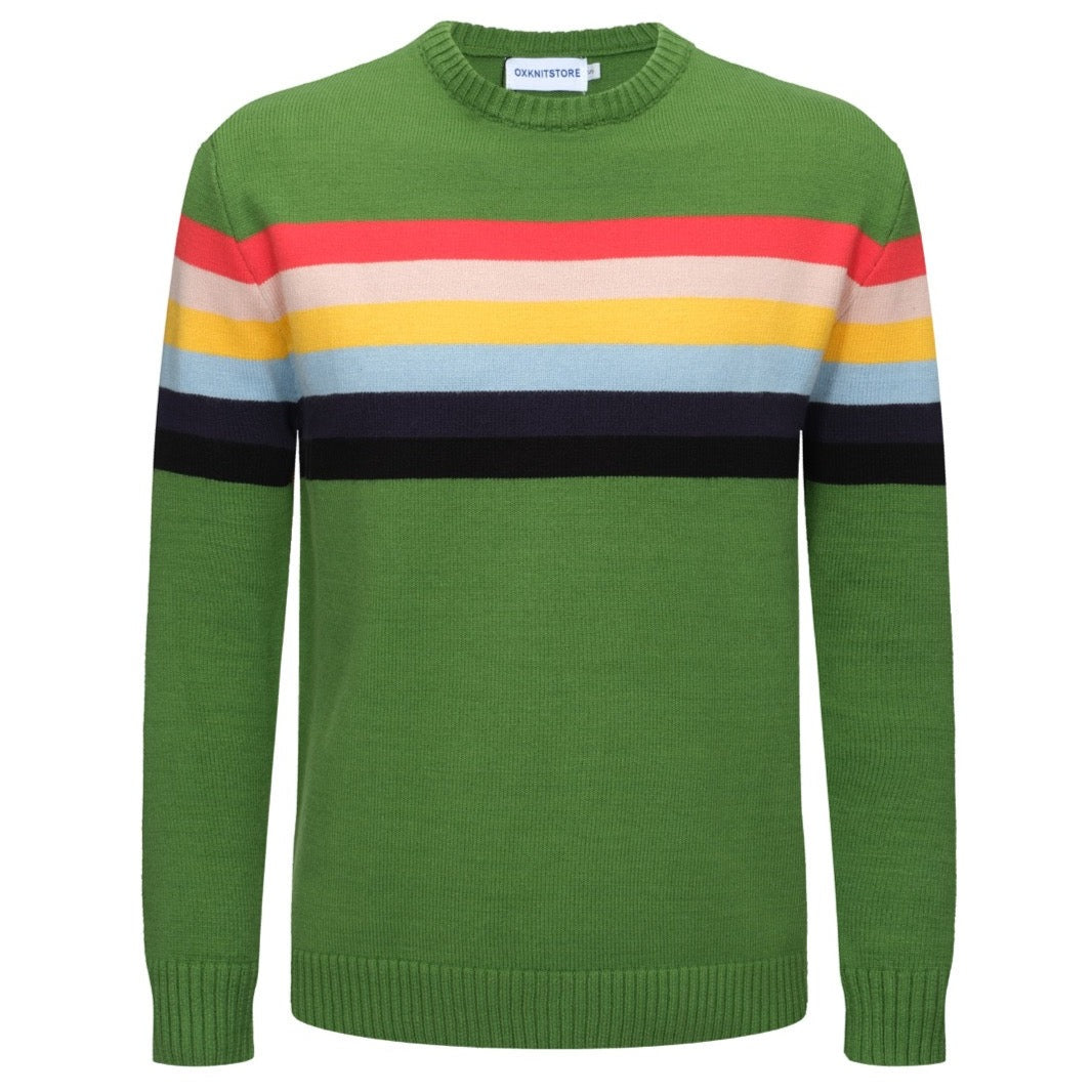 Suéter verde con estampado de rayas arco iris en el pecho para hombre