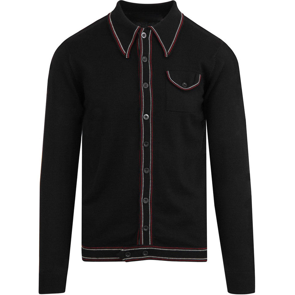 Polo rétro en tricot à manches longues noir classique style mod des années 1960 pour hommes