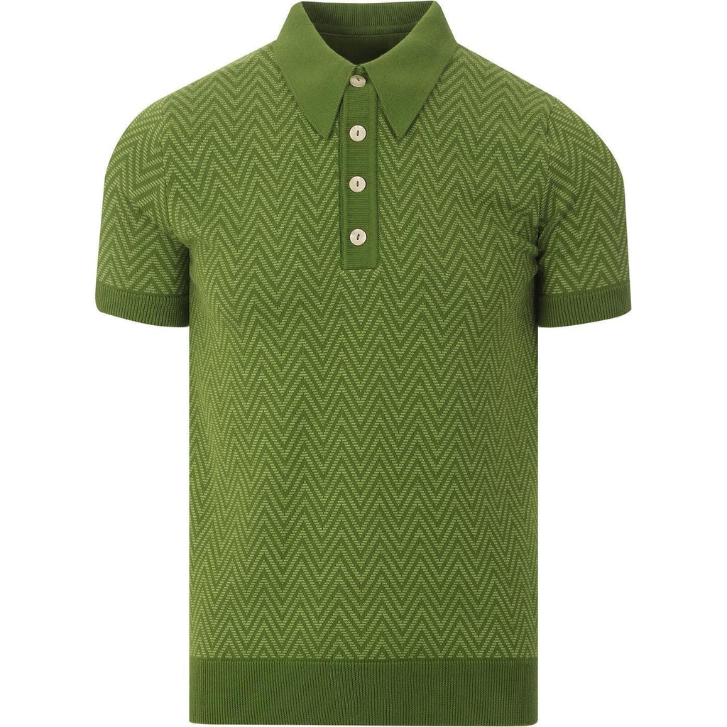 Men's Green Zigzag Knit Polo | 60s Mod Chevron Retro Shirt