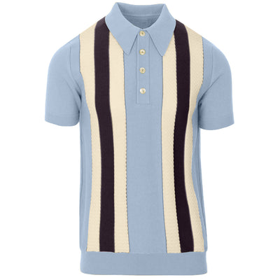 OXKNIT Men Vintage Clothing 1960s Mod Style Casual Stripe Blue Knit Retro Polo