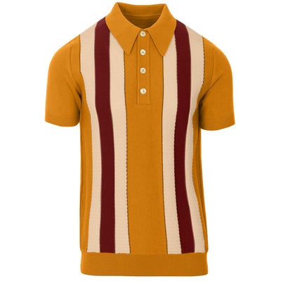 Men's Light Yellow Knit Polo With Red Wine & Off White Stripe