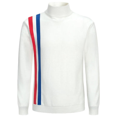 Men's White High Neck Jumper Knitted T-Shirt With Red & Blue Racing Stripe