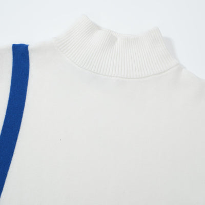 Men's White High Neck Jumper Knitted T-Shirt With Red & Blue Racing Stripe