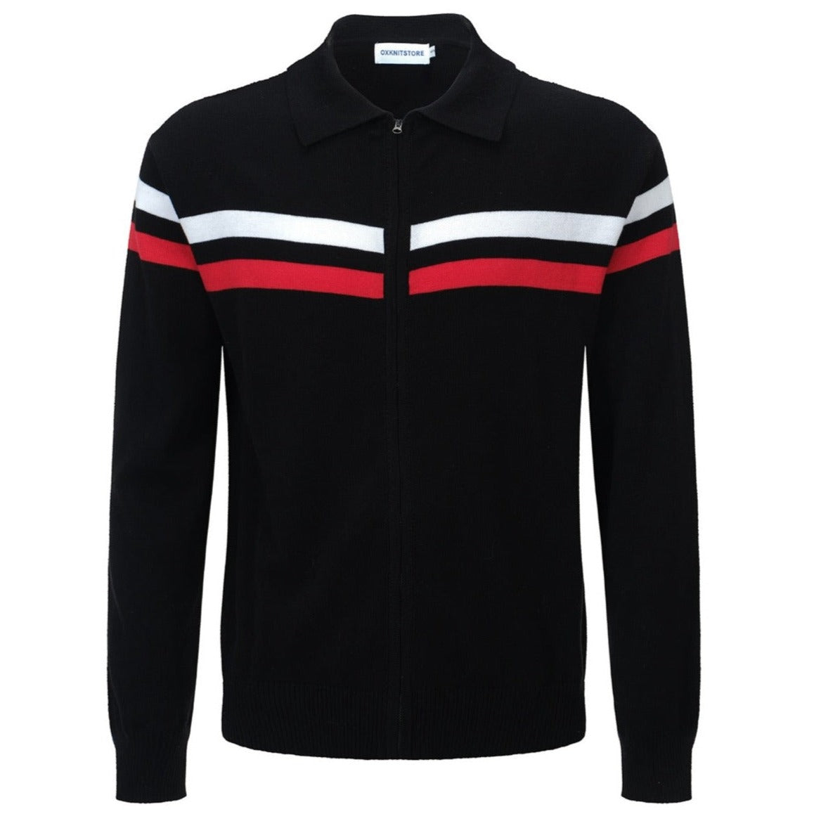 Men's Black Retro Knitted Zip Cardigan With Red & White Racing Stripes Through