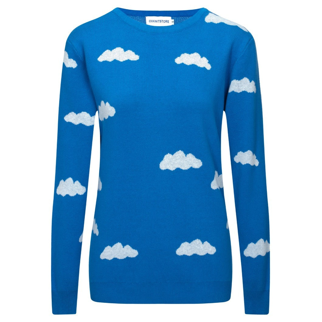 Women 1960s Blue Sky and White Clouds Knitwear T-shirts
