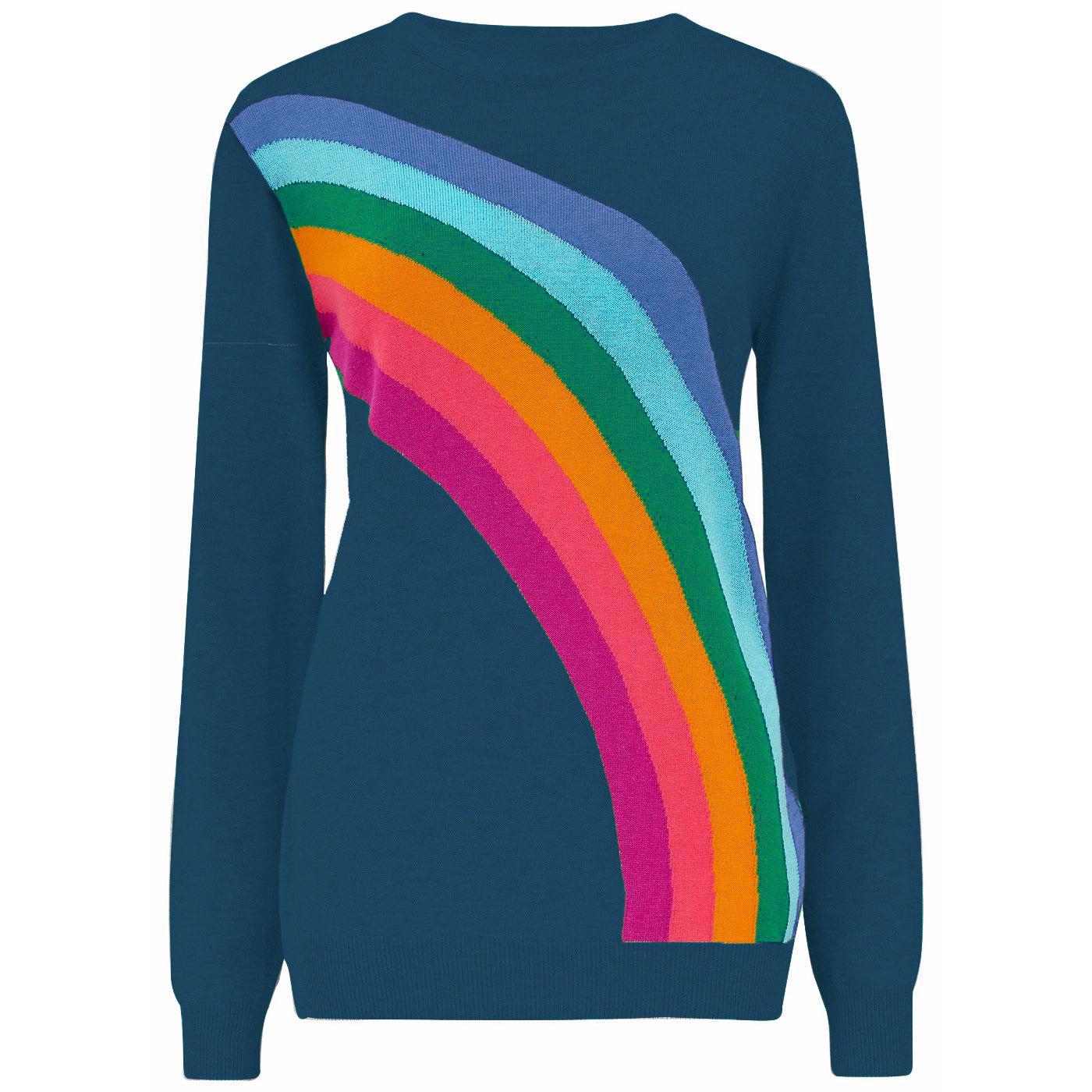 Women 1960s Retro Dark Blue Rainbow Striped Knit T-shirts