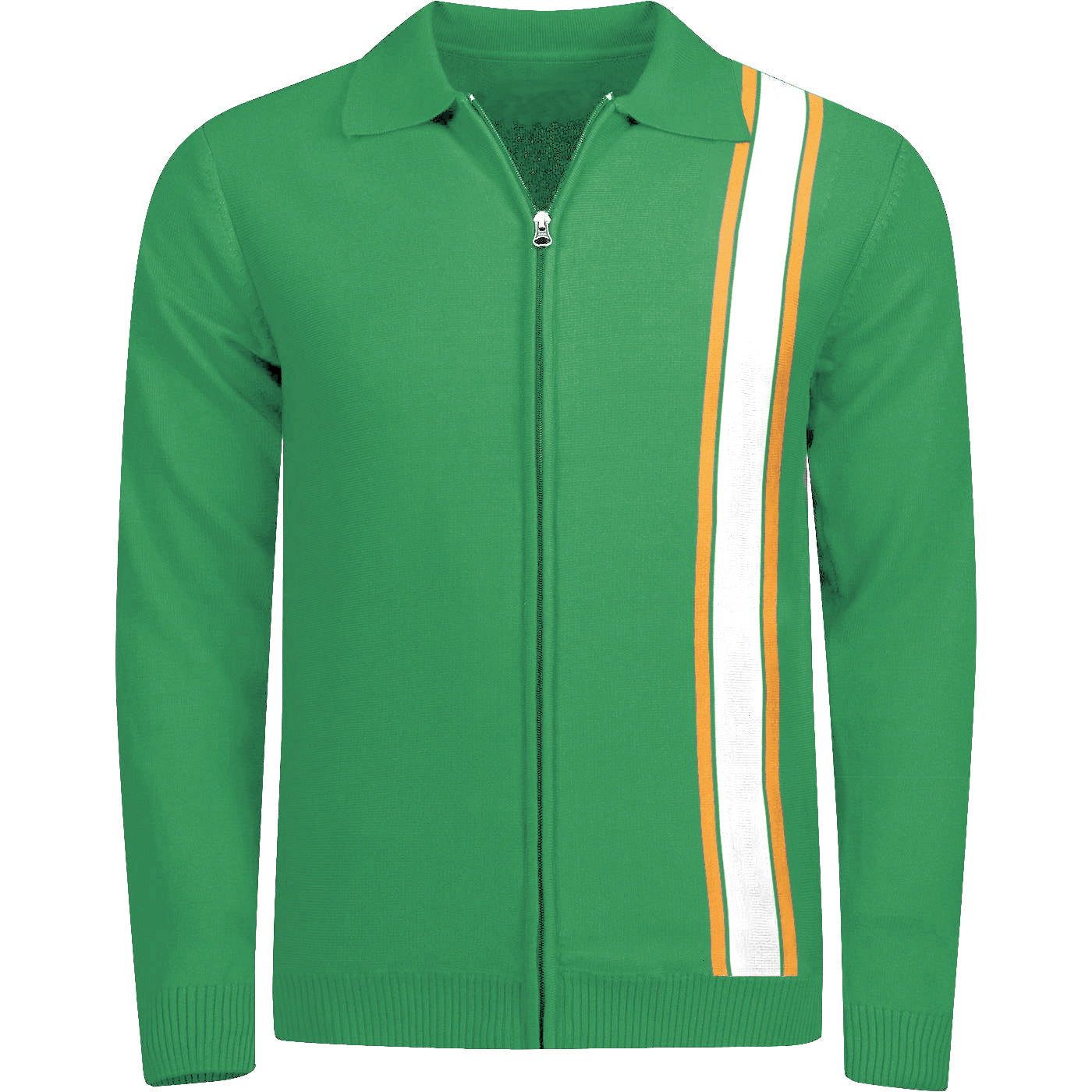 Men's Green Zip Knitted Cardigan With White & Yellow Racing Stripes