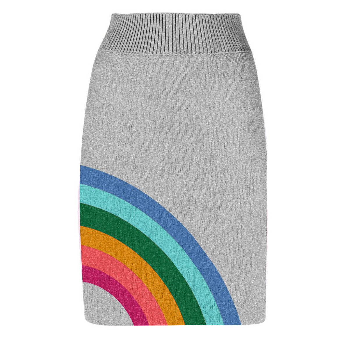 Women Pencil Skirt Mod Style Knitted Rainbow Knee Length Skirts Gray