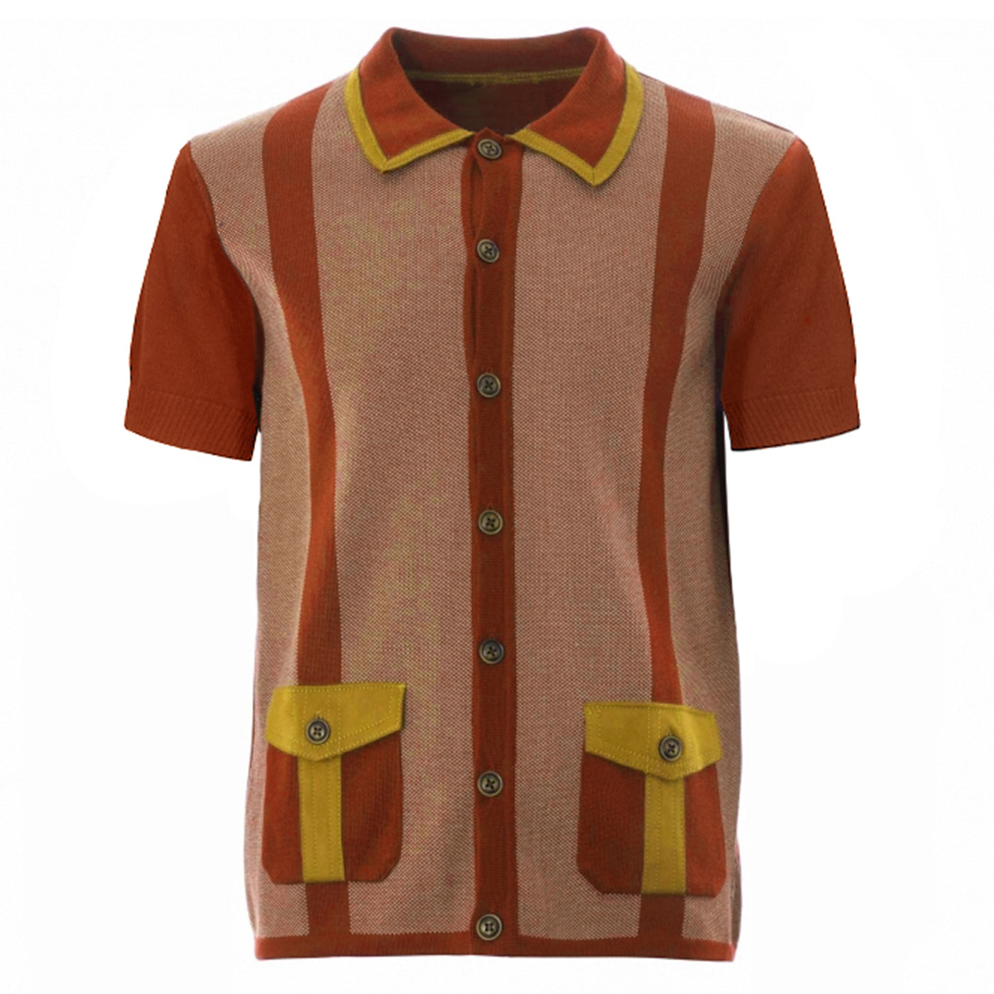 Polo en tricot boutonné rétro orange foncé style mod des années 1960 pour hommes