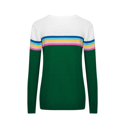 Camisetas de punto a rayas de arco iris verde de manga larga de punto retro de los años 60 para mujer